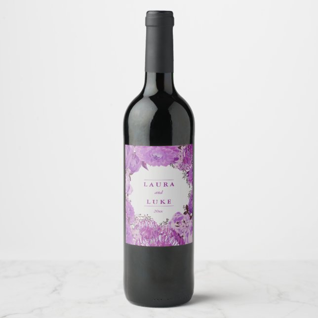 Étiquette Pour Bouteilles De Vin Mariage moderne, Floral violet (Devant)
