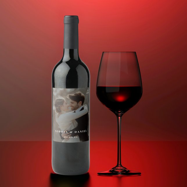 Étiquette Pour Bouteilles De Vin Mariage moderne noir & blanc superposition photo (Créateur téléchargé)