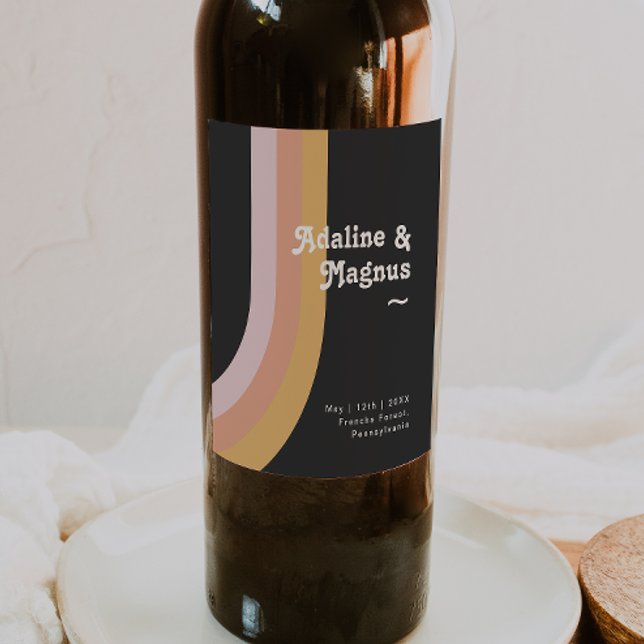 Étiquette Pour Bouteilles De Vin Mariage moderne rétro 70's Rainbow Dark (Créateur téléchargé)