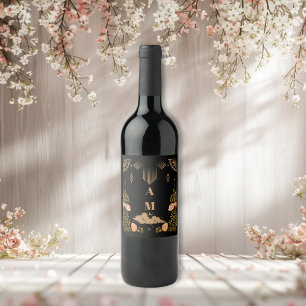 Étiquette Pour Bouteilles De Vin Mariage Monogramme Céleste Minuit Étoiles Noires