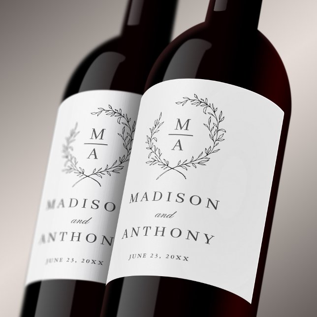 Étiquette Pour Bouteilles De Vin Mariage Monogramme classique blanc simple et éléga (Créateur téléchargé)
