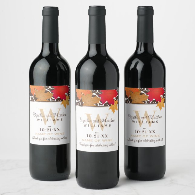 Étiquette Pour Bouteilles De Vin Mariage Monogramme de Feuille d'Érable d'Automne (Bouteilles)