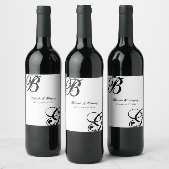 Étiquette Pour Bouteilles De Vin Mariage Monogramme noir et blanc (Bouteilles)