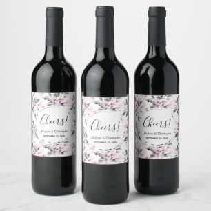Étiquette Pour Bouteilles De Vin Mariage Motif rose et gris Floral