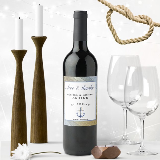 Étiquette Pour Bouteilles De Vin Mariage nautique Ancre bleu et or (Nautical Love & Thanks Personalized Nautical Wedding Wine Labels with Textured Blue & Gold Border)