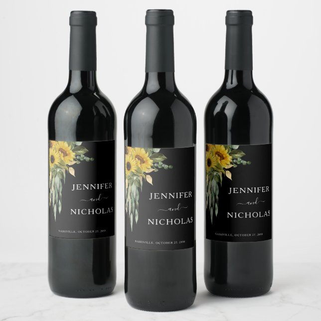 Étiquette Pour Bouteilles De Vin Mariage noir de tournesol noir moderne (Bouteilles)