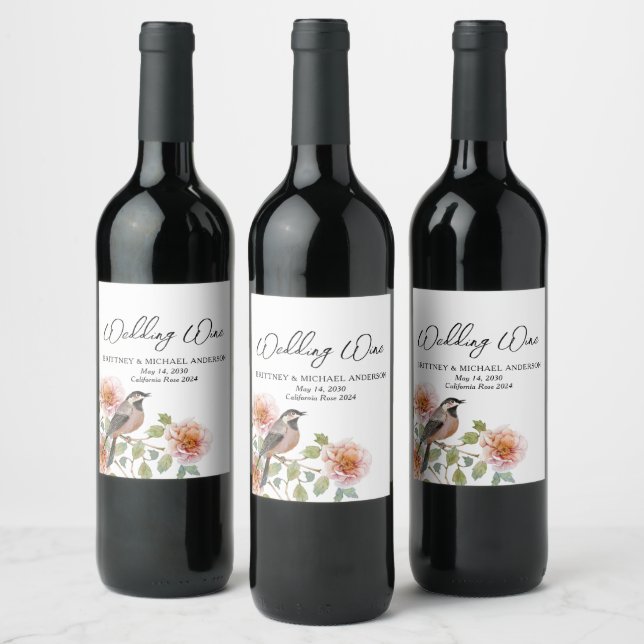 Étiquette Pour Bouteilles De Vin Mariage Oiseau dans les Fleurs (Bouteilles)