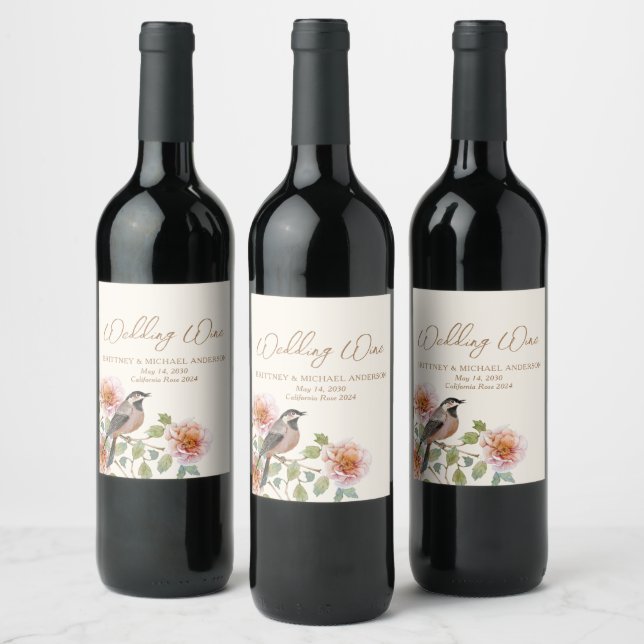 Étiquette Pour Bouteilles De Vin Mariage Oiseau dans les Fleurs (Bouteilles)