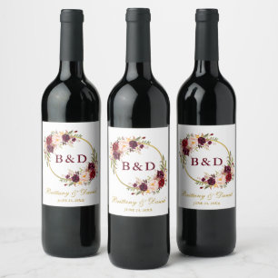 Étiquette Pour Bouteilles De Vin Mariage or Monogramme de couronne florale de Bourg