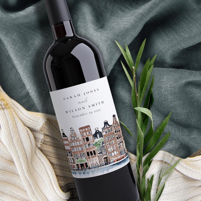Étiquette Pour Bouteilles De Vin Mariage paysager du canal néerlandais d'Amsterdam (Créateur téléchargé)