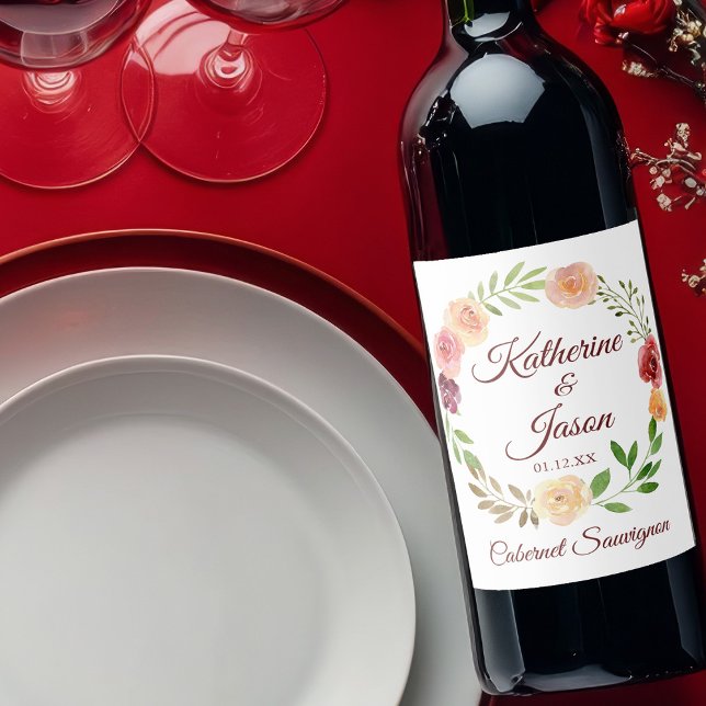 Étiquette Pour Bouteilles De Vin Mariage personnalisé élégant floral bordeaux (Créateur téléchargé)