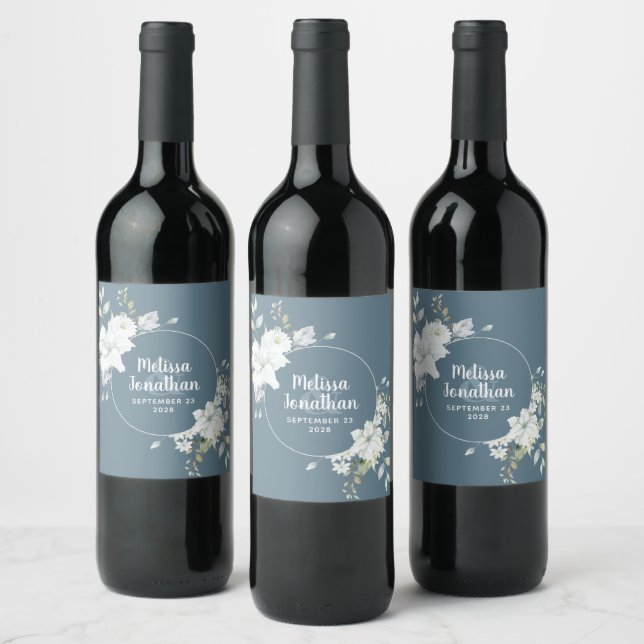 Étiquette Pour Bouteilles De Vin Mariage personnalisé fleurs blanches aquarelle rom (Bouteilles)