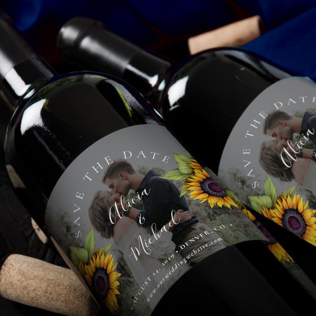 Étiquette Pour Bouteilles De Vin Mariage photo rustique moderne tournesol enregistr (Créateur téléchargé)