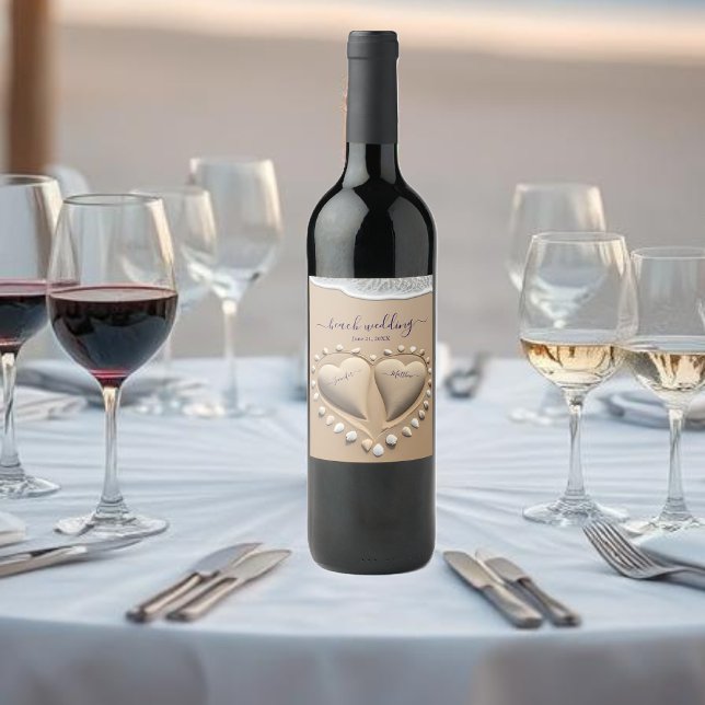 Étiquette Pour Bouteilles De Vin Mariage plage Coeurs de sable (Beach Wedding Sand Hearts Wine Label )