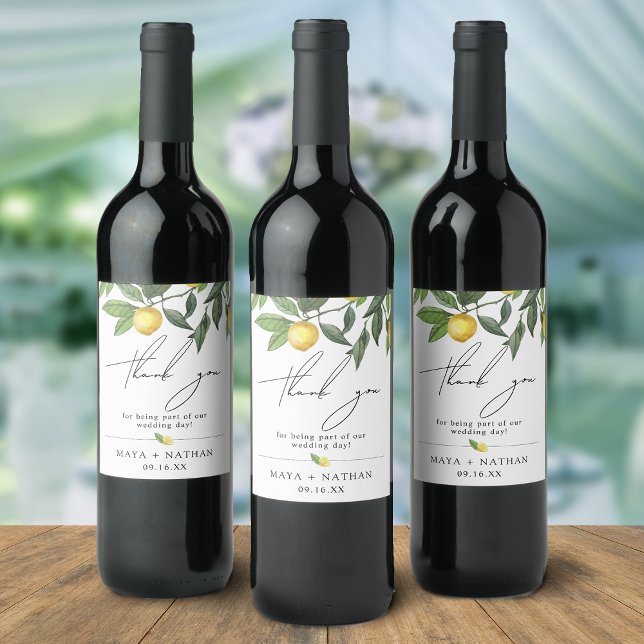 Étiquette Pour Bouteilles De Vin Mariage Remerciements de verdure de citron d'été (Summer Lemon Greenery Thank You Wedding Wine Label)