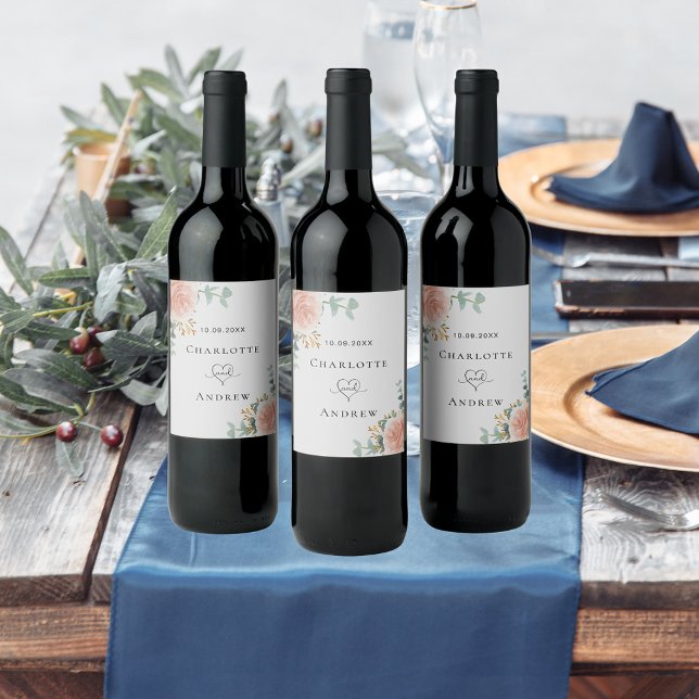 Étiquette Pour Bouteilles De Vin mariage rose or fleuri eucalyptus vert (Créateur téléchargé)