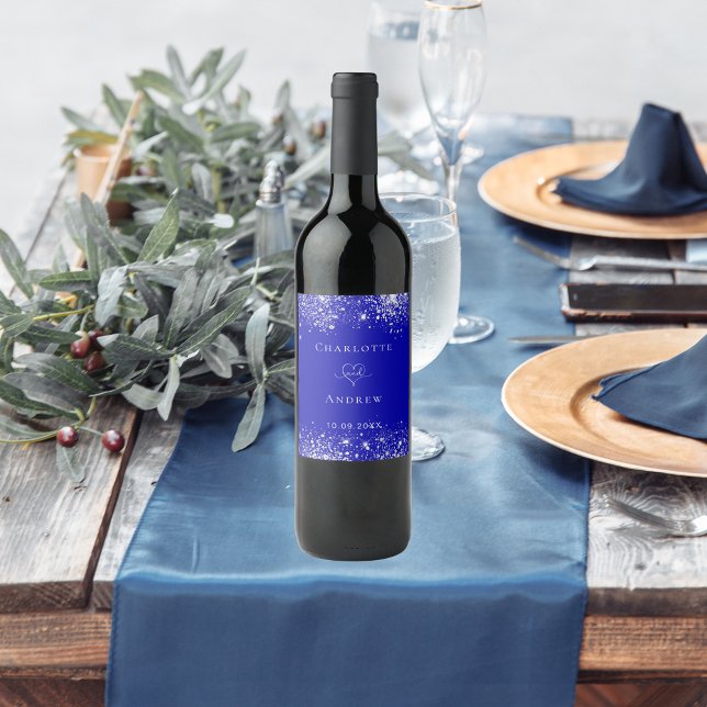 Étiquette Pour Bouteilles De Vin Mariage royal bleu argent parties scintillant mari (Créateur téléchargé)