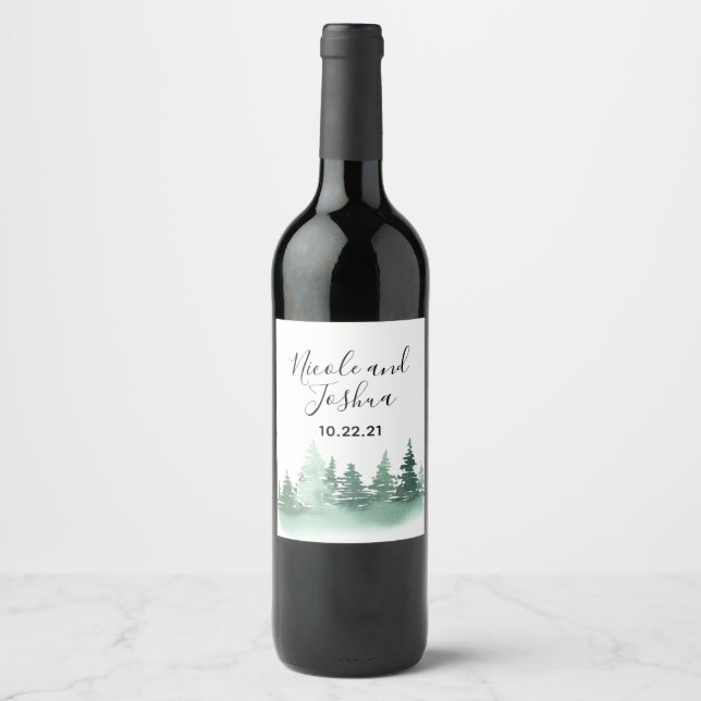 Étiquette Pour Bouteilles De Vin Mariage rustique de forêt de pins à l'aquarelle (Devant)