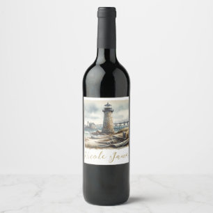 Étiquette Pour Bouteilles De Vin Mariage rustique sur la plage côtière avec phare
