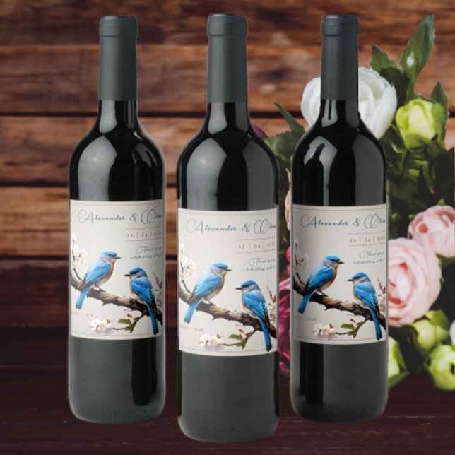 Étiquette Pour Bouteilles De Vin Mariage Spring Bluebirds (Spring Bluebirds Wedding Wine Label)