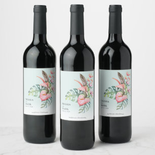 Étiquette Pour Bouteilles De Vin Mariage sur la plage aux fleurs tropicales
