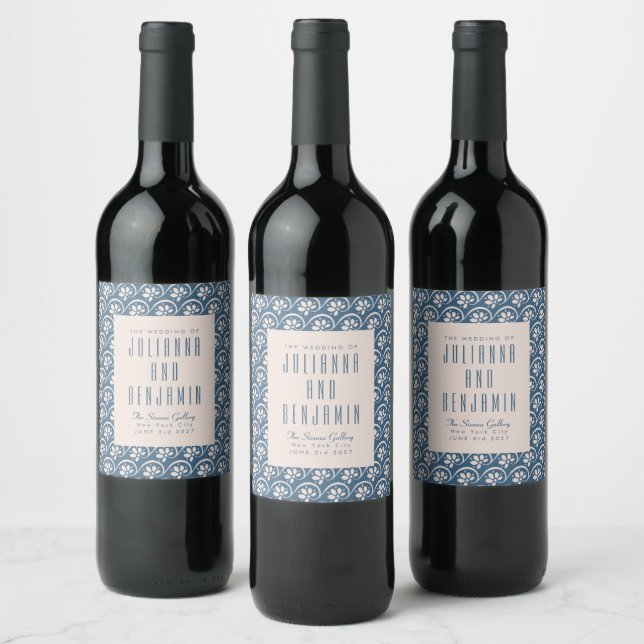 Étiquette Pour Bouteilles De Vin Mariage sur mesure élégant floral bleu moderne (Bouteilles)