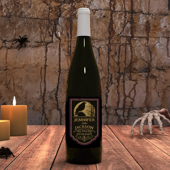 Étiquette Pour Bouteilles De Vin Mariage sur mesure Raven  (Halloween Wedding Wine Bottle Label with Raven Moon and Spooky Tree)