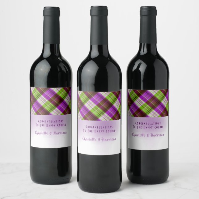 Étiquette Pour Bouteilles De Vin Mariage Tartan vert violet (Bouteilles)