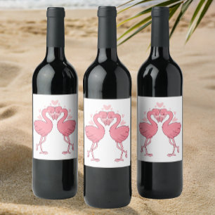 Étiquette Pour Bouteilles De Vin Mariage tropical de flamingos roses sur la plage e