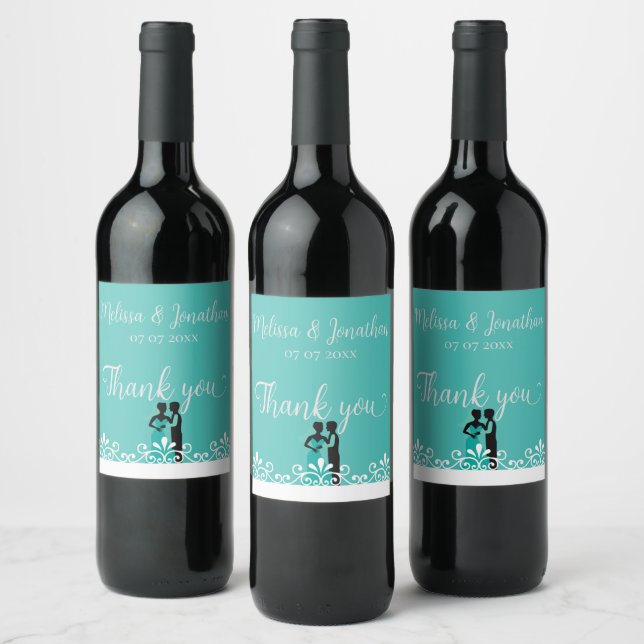 Étiquette Pour Bouteilles De Vin Mariée Groom Turquoise Blanc Élégant Merci de mari (Bouteilles)