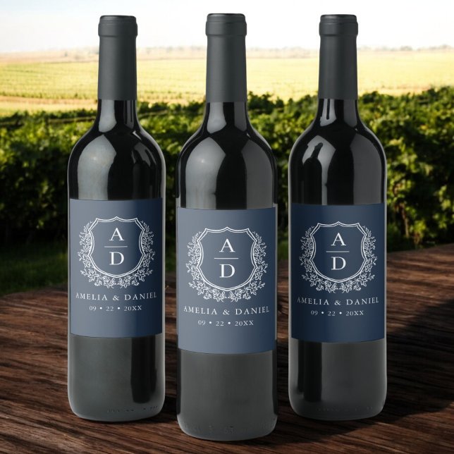 Étiquette Pour Bouteilles De Vin Marine Blue Crest Moderne Monogramme Mariage (Créateur téléchargé)