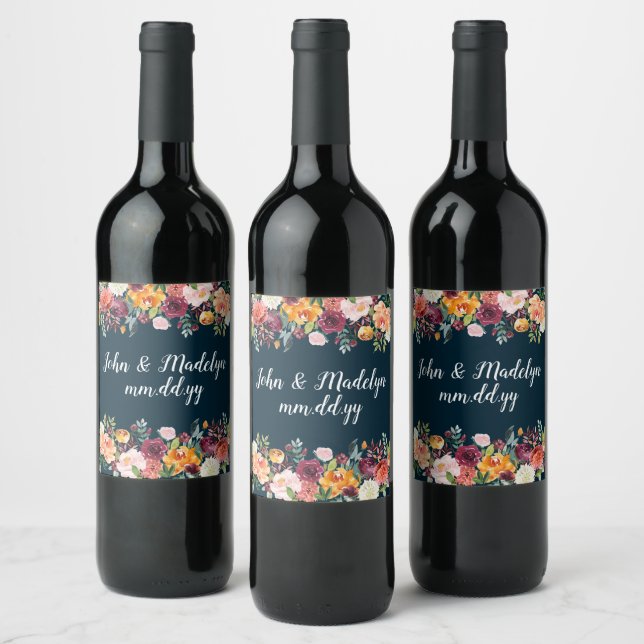 Étiquette Pour Bouteilles De Vin Marine Custom Automne Boho Mariage Aquarelle Flora (Bouteilles)
