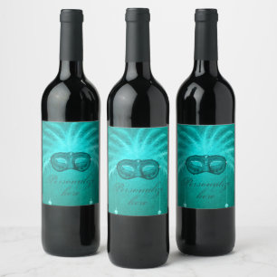 Étiquette Pour Bouteilles De Vin Masque en plumes masqué élégant turquoise déco vin