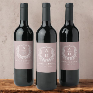 Étiquette Pour Bouteilles De Vin Mauve Botanique Crest Moderne Monogramme Mariage
