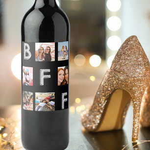 Étiquette Pour Bouteilles De Vin Meilleures amies collage photo noir argent BFF
