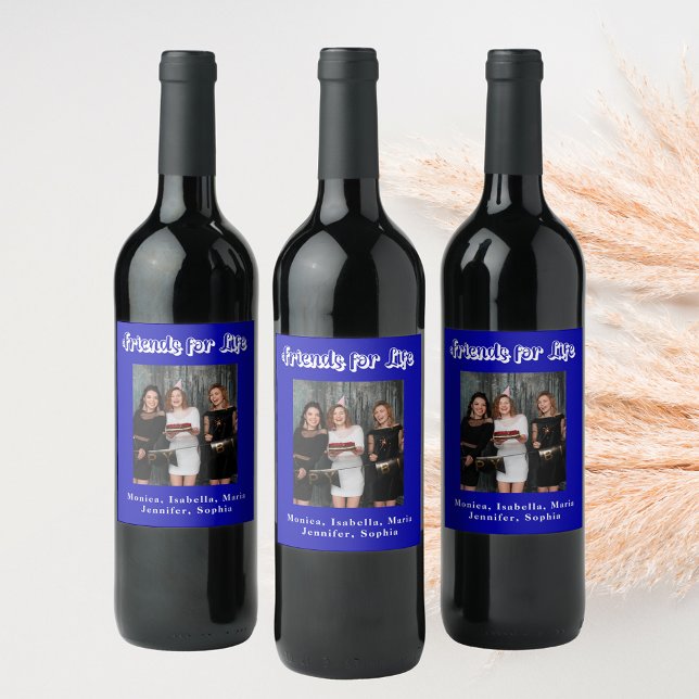 Étiquette Pour Bouteilles De Vin Meilleures amies photo bleu roi écriture blanche (Créateur téléchargé)