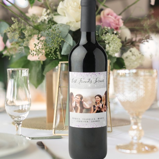 Étiquette Pour Bouteilles De Vin Meilleures amies photo poussière de paillettes arg (Créateur téléchargé)
