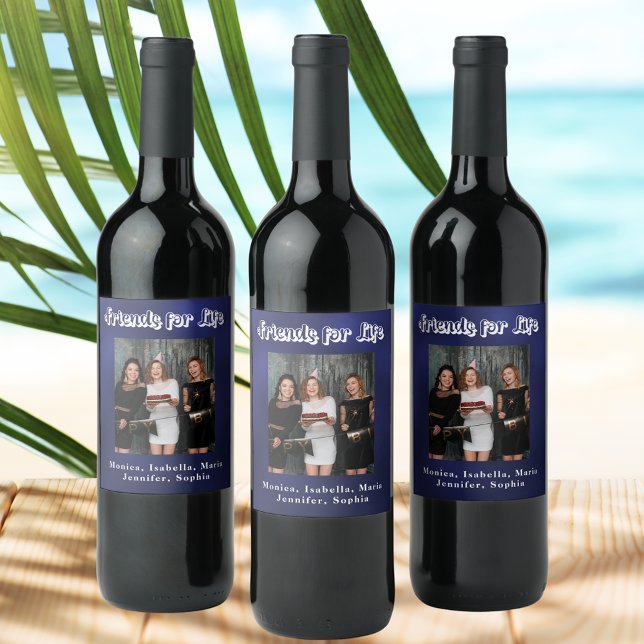 Étiquette Pour Bouteilles De Vin Meilleurs amis photo marine bleu blanc script (Créateur téléchargé)