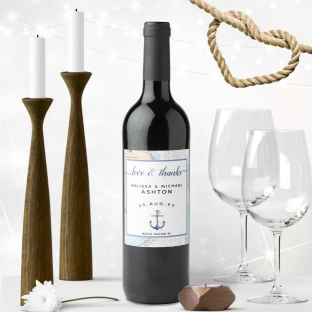 Étiquette Pour Bouteilles De Vin Merci #Ancre nautique #Événement Mariage #Floride (Love and Thanks Nautical Wedding Authentic Nautical Chart Wine Label)