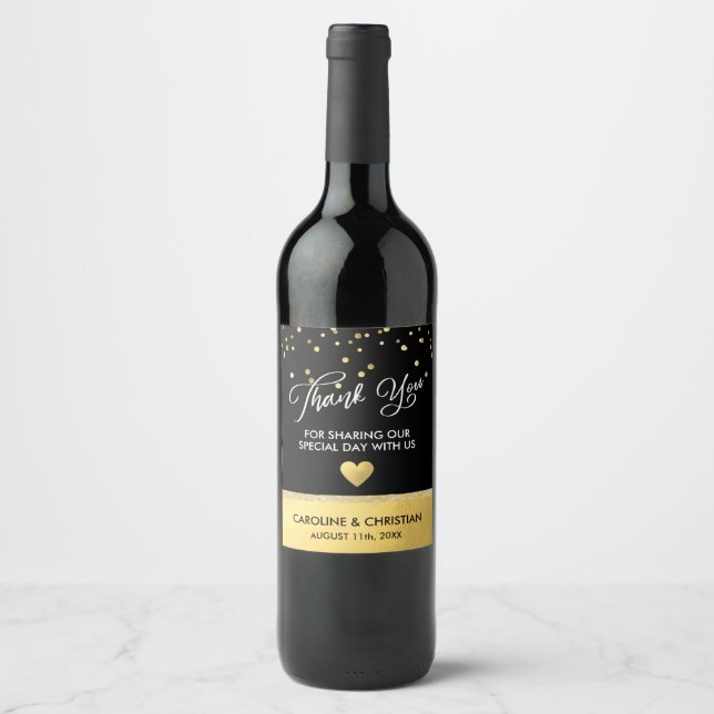 Étiquette Pour Bouteilles De Vin MERCI Blanc Noir Faux Or Foil Mariage Coeur (Devant)