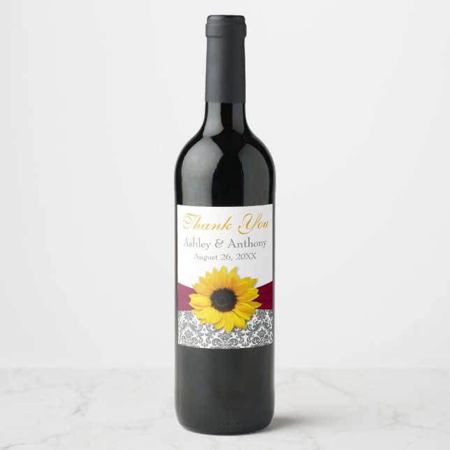 Étiquette Pour Bouteilles De Vin Merci de Mariage de tournesol jaune gris Damask Ga (Devant)