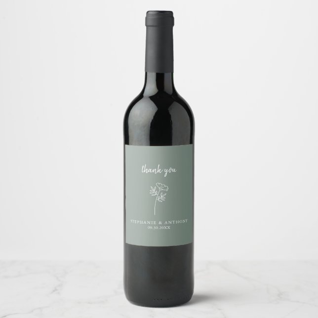 Étiquette Pour Bouteilles De Vin Merci de Mariage Fleur sauvage Sage Green (Devant)
