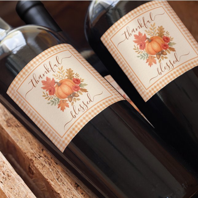Étiquette Pour Bouteilles De Vin Merci et béni Citrouille | Action de grâces automn (Créateur téléchargé)