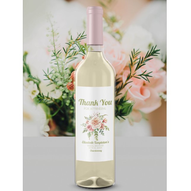 Étiquette Pour Bouteilles De Vin Merci Fête des mariées rose Floral Rose Mariage (Créateur téléchargé)