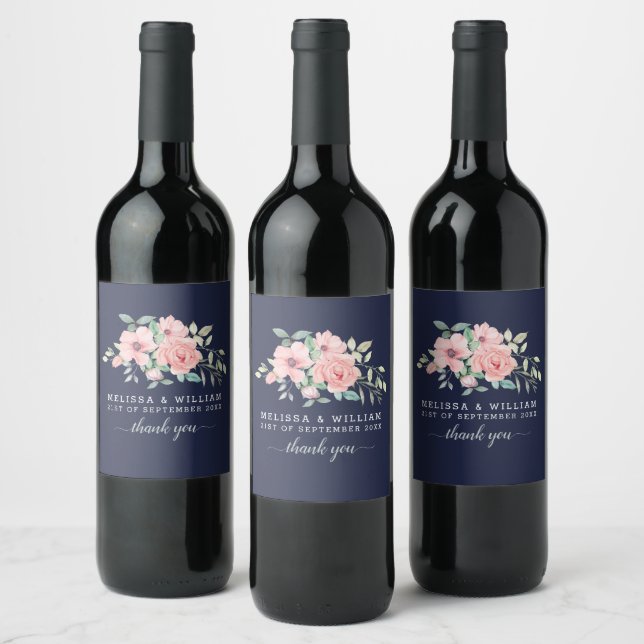 Étiquette Pour Bouteilles De Vin Merci Floral Aquarelle Marine Mariage (Bouteilles)