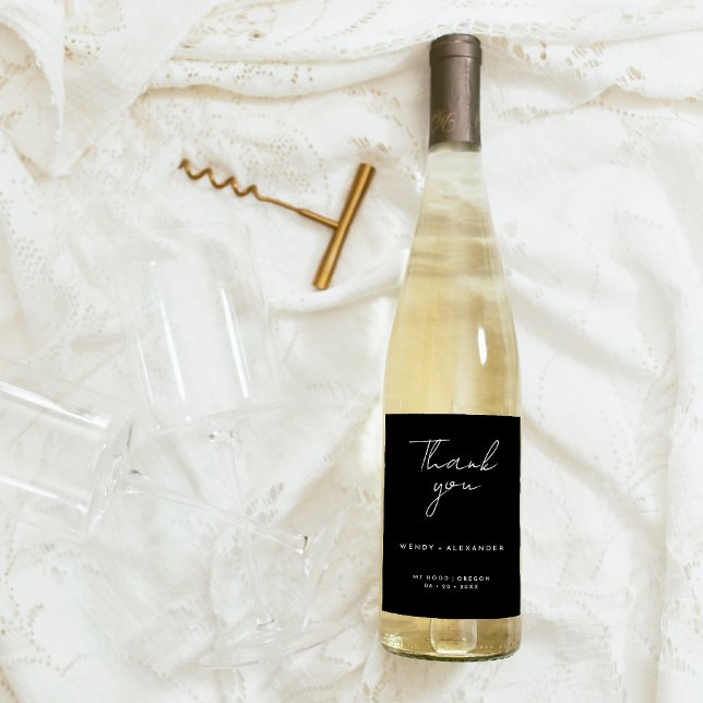 Étiquette Pour Bouteilles De Vin Merci Mariage de script moderne noir (Créateur téléchargé)