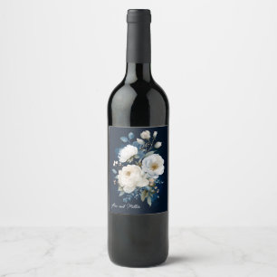 Étiquette Pour Bouteilles De Vin Merci Mariage floral bleu et blanc Peony
