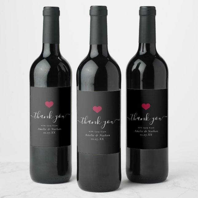 Étiquette Pour Bouteilles De Vin Merci moderne Script Bourgogne Red Heart Mariage (Bouteilles)