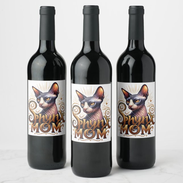 Étiquette Pour Bouteilles De Vin Mère de chat Sphynx Élégante  (Bouteilles)