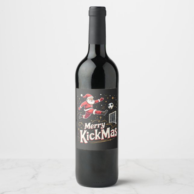 Étiquette Pour Bouteilles De Vin Merry Kickmas Funny Santa Claus Amateurs de footba (Devant)